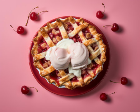 a cherry pie with ice cream and cherries on a pink backgroundの素材