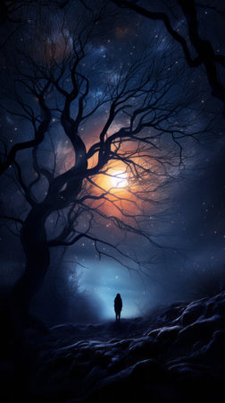 a man is walking through the woods at night with a full moon in the backgroundの素材