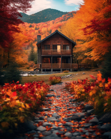 a cabin surrounded by fall foliage in the mountainsの素材