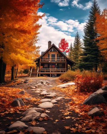 a cabin in the woods surrounded by fall foliageの素材