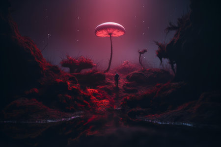 a mushroom in the dark with a red light shining on itの素材