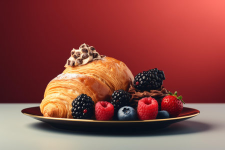 a croissant and berries on a plate on a red backgroundの素材