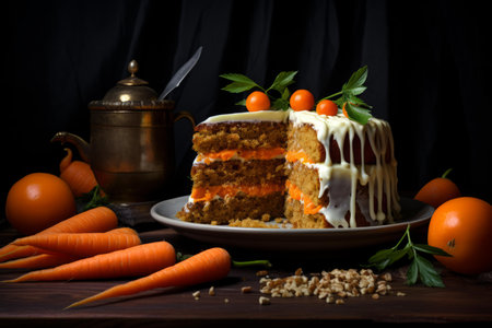 a carrot cake sitting on a plate next to carrotsの素材