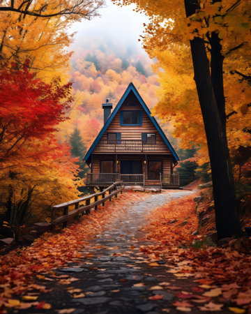 a cabin in the woods surrounded by autumn leavesの素材