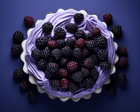 a cake with purple frosting and blackberries on a blue backgroundの素材