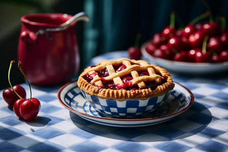 a cherry pie sits on a blue and white checkered tableclothの素材
