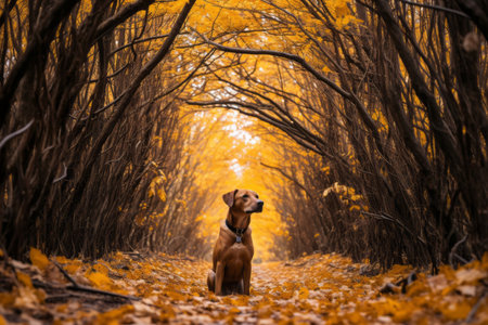 a dog sitting in the middle of an autumn forestの素材