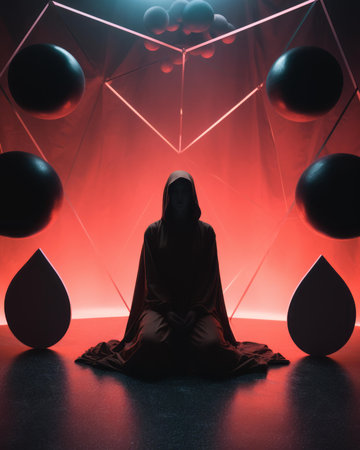 a person sitting in front of a red and black backgroundの素材