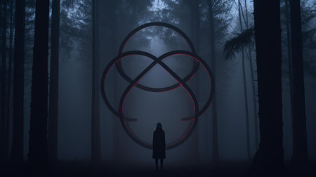 a person standing in the middle of a dark forestの素材