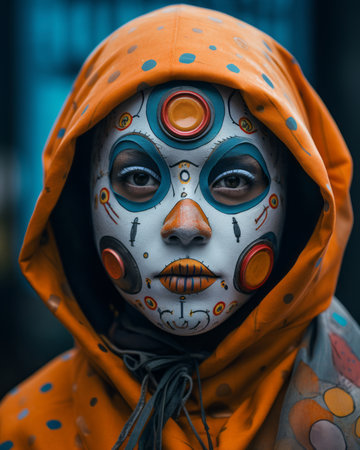 a person with a colorful face paint and hoodieの素材