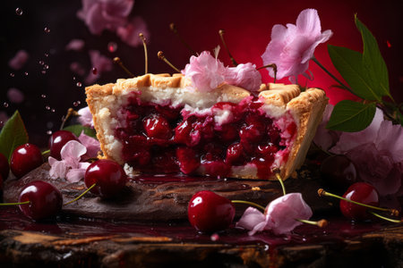 a pie with cherries on a wooden tableの素材