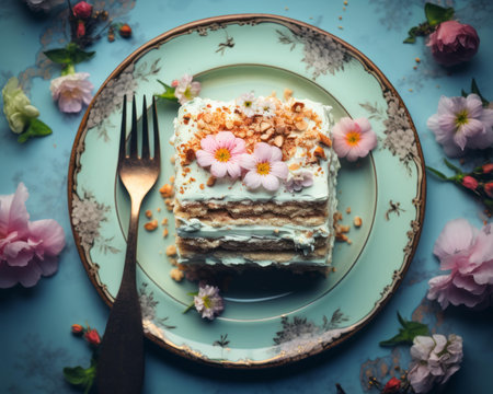 a piece of cake on a plate with flowersの素材