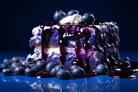 a piece of blueberry cake on a blue backgroundの素材