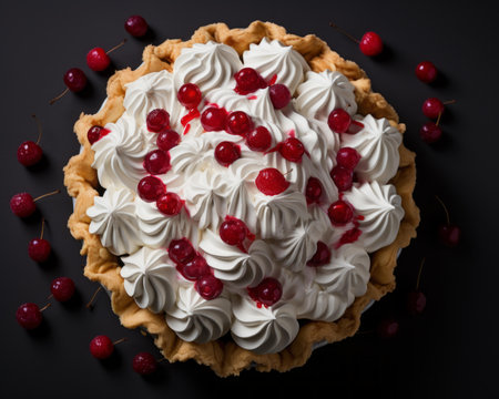 a pie with whipped cream and cherries on a black backgroundの素材