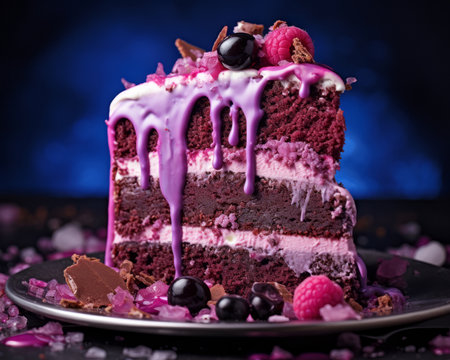 a piece of cake with purple frosting and berriesの素材