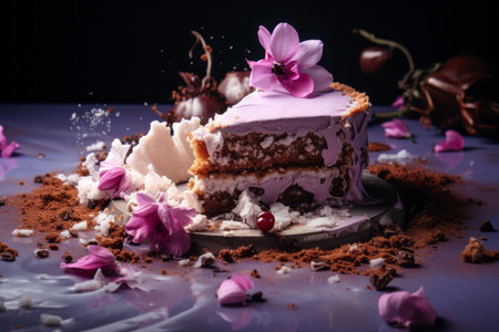 a piece of cake with purple frosting on topの素材