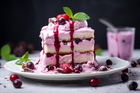 a piece of cake with ice cream and cherries on itの素材
