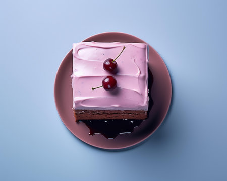 a piece of cake with frosting and cherries on topの素材