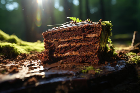 a piece of chocolate cake sitting on top of a stump in the woodsの素材