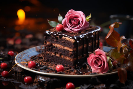 a piece of chocolate cake on a plate with rosesの素材
