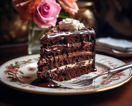 a piece of chocolate cake on a plate with a forkの素材