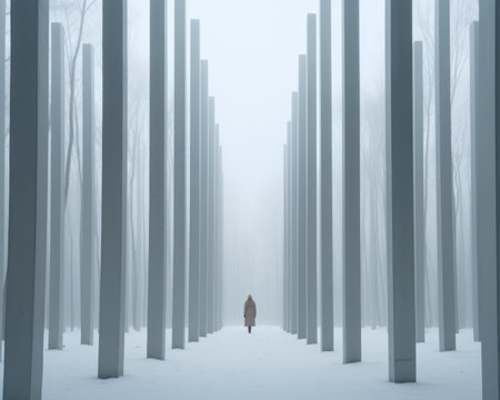 a person standing in the middle of a foggy forestの素材