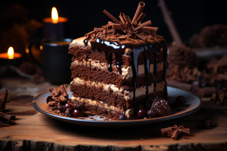 a piece of chocolate cake on a plate with candlesの素材