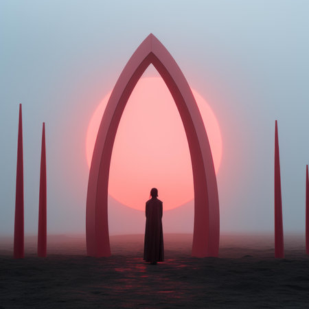a person standing in front of an arch at sunsetの素材