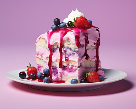 a piece of cake with strawberries and blueberries on a plateの素材