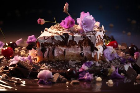 a piece of cake with chocolate and cherries on itの素材