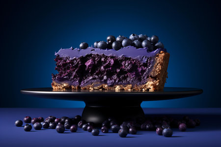 a piece of blueberry cheesecake on a black plateの素材