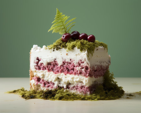 a piece of cake topped with cream and cherriesの素材