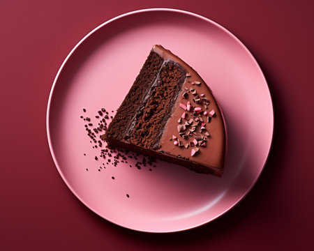 a piece of chocolate cake on a pink plateの素材