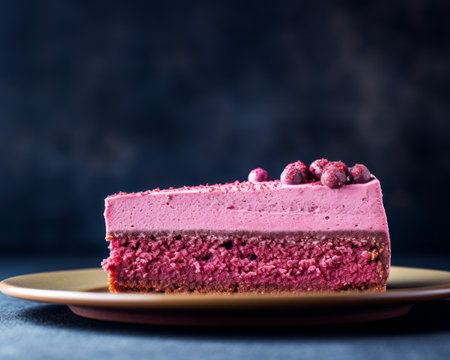 a piece of cake with pink frosting on a plateの素材