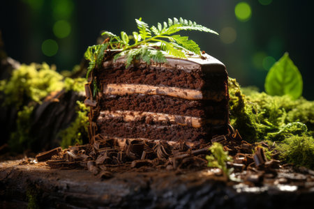 a piece of chocolate cake with green leaves on itの素材