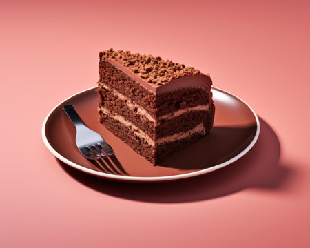 a piece of chocolate cake on a plate with a forkの素材