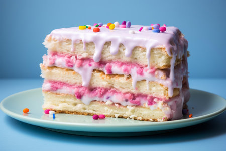 a slice of cake with pink frosting and sprinklesの素材