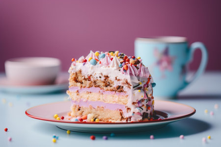 a piece of cake with frosting and sprinkles on a plateの素材