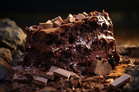 a piece of chocolate cake on top of a pile of rocksの素材
