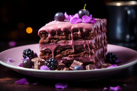 a piece of cake on a plate with chocolate and berriesの素材