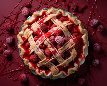 a raspberry pie on a red background with raspberriesの素材