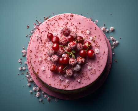 a pink cake with cherries on topの素材