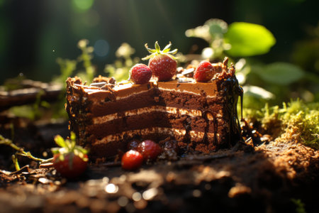 a piece of chocolate cake with strawberries on topの素材