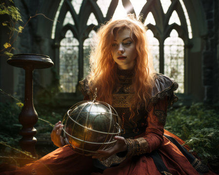a red haired woman holding a globe in front of a churchの素材