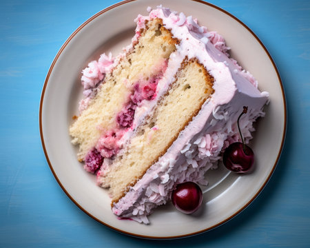 a slice of cake on a plate with cherriesの素材