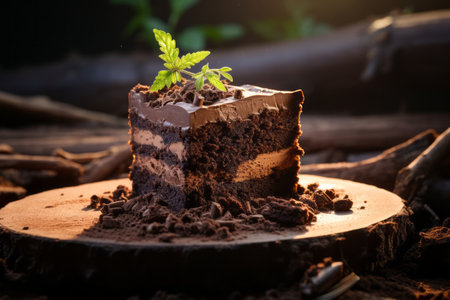 a piece of chocolate cake sitting on top of a wooden plateの素材