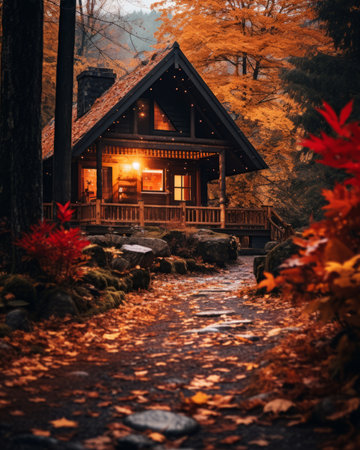 a small cabin in the woods surrounded by autumn leavesの素材