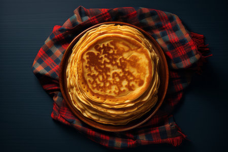 a stack of pancakes on a plate with a red and white checkered clothの素材
