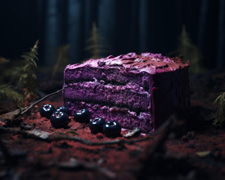a piece of purple cake with blueberries on itの素材