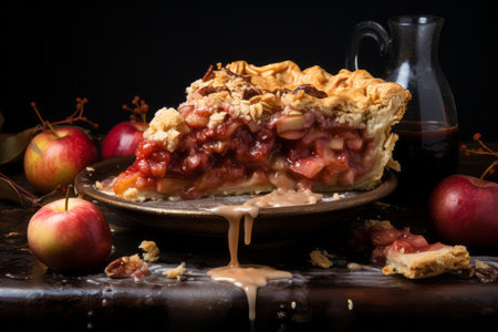a slice of apple pie on a plate with apples around itの素材